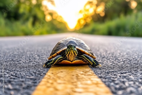 Turtle crossing a quiet road at sunset near a forested area photo