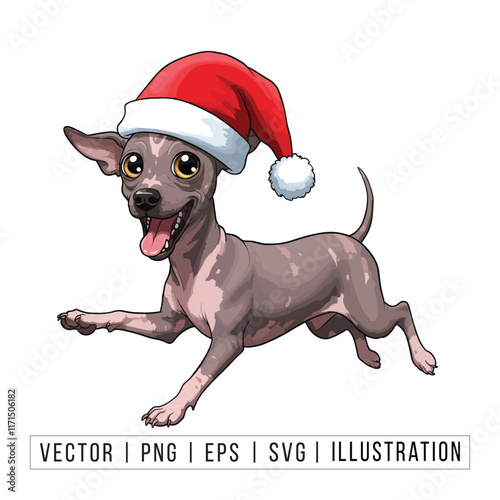 Cute Xoloitzcuintli Puppy in Santa Hat - Christmas Cartoon Vector Illustration