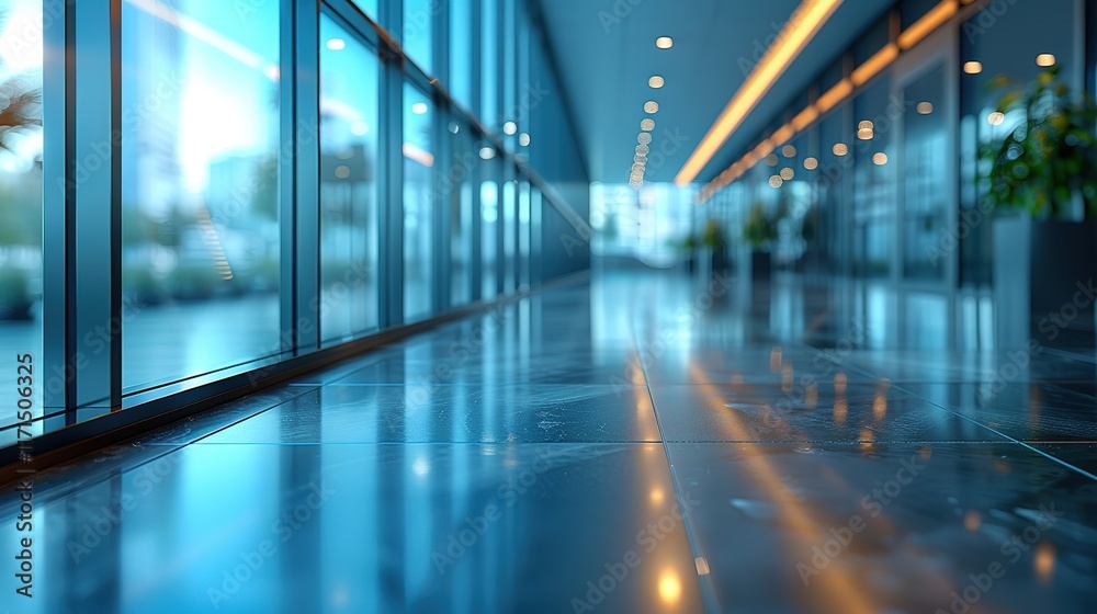 Obraz premium Modern office hallway with glass walls and shiny floor.