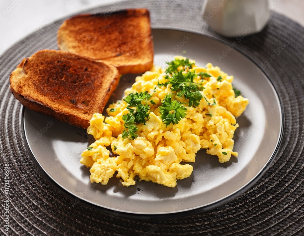 plate of fluffy scrambled eggs topped with fresh parsley served with crispy toast scrambled eggs parsley toast breakfast plate of fluffy scrambled eggs topped with fresh parsley served with crispy toast scrambled eggs parsley toast breakfast