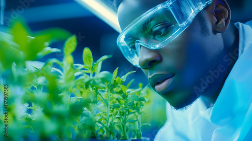 A researcher studies young plants under bright lab lights, focused on their growth