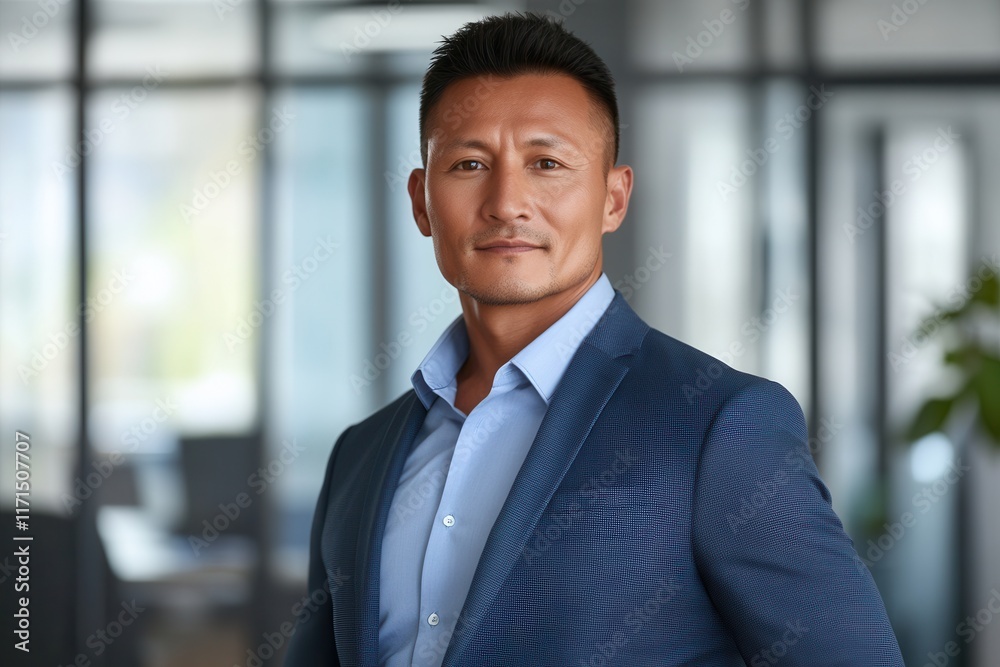 Confident asian businessman in office setting wearing blue suit.