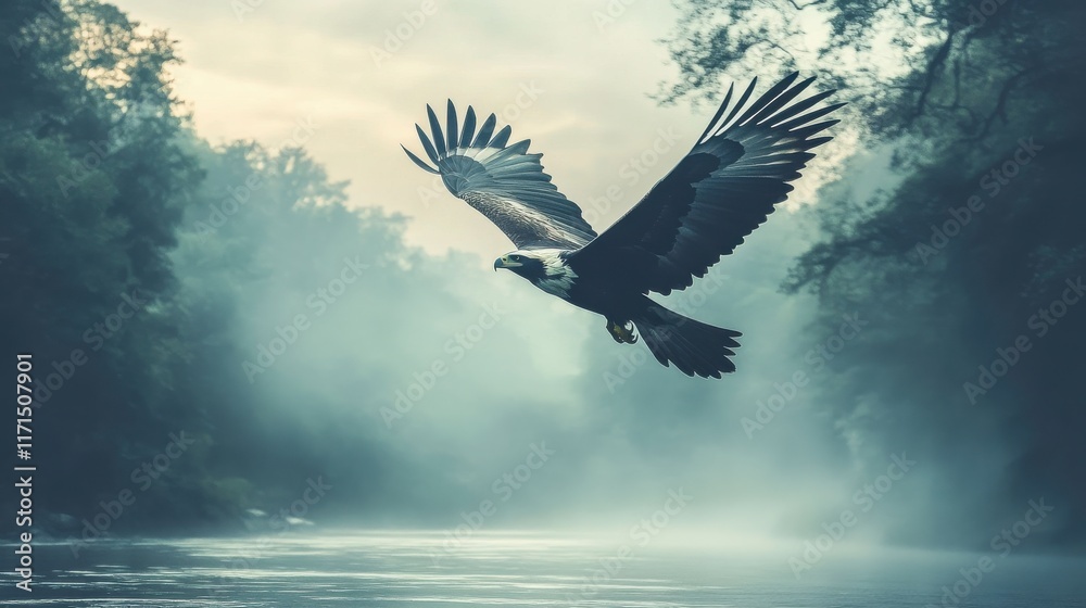 Fototapeta premium Eagle Gliding Over Misty Jungle Rivers