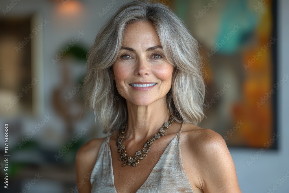 Radiant smiling middle-aged woman in relaxed indoor setting. Radiant smiling middle-aged woman in relaxed indoor setting.