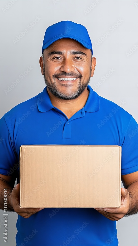 Happy delivery man holding a package. Smiling Hispanic male courier in blue uniform. Happy delivery man holding a package. Smiling Hispanic male courier in blue uniform.