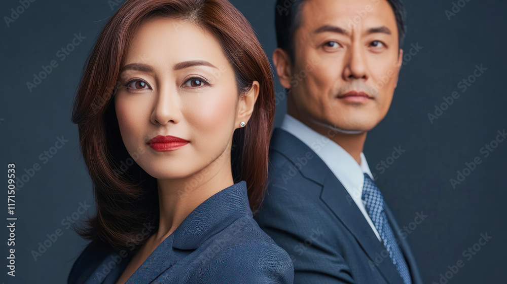Asian business partners in professional attire posing against a dark background Asian business partners in professional attire posing against a dark background