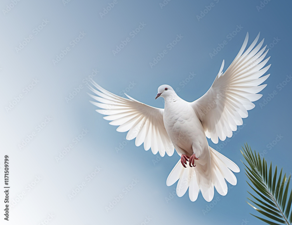 Obraz premium A white dove is a symbol of peace in the bright rays of the sun against a blue sky.