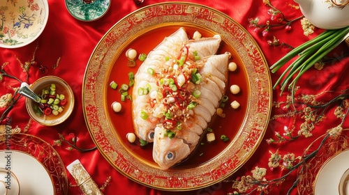 Steamed Fish with Soy Sauce and Scallions Fine Dining Setting Culinary Art Luxurious Environment Top-Down View Asian Cuisine photo