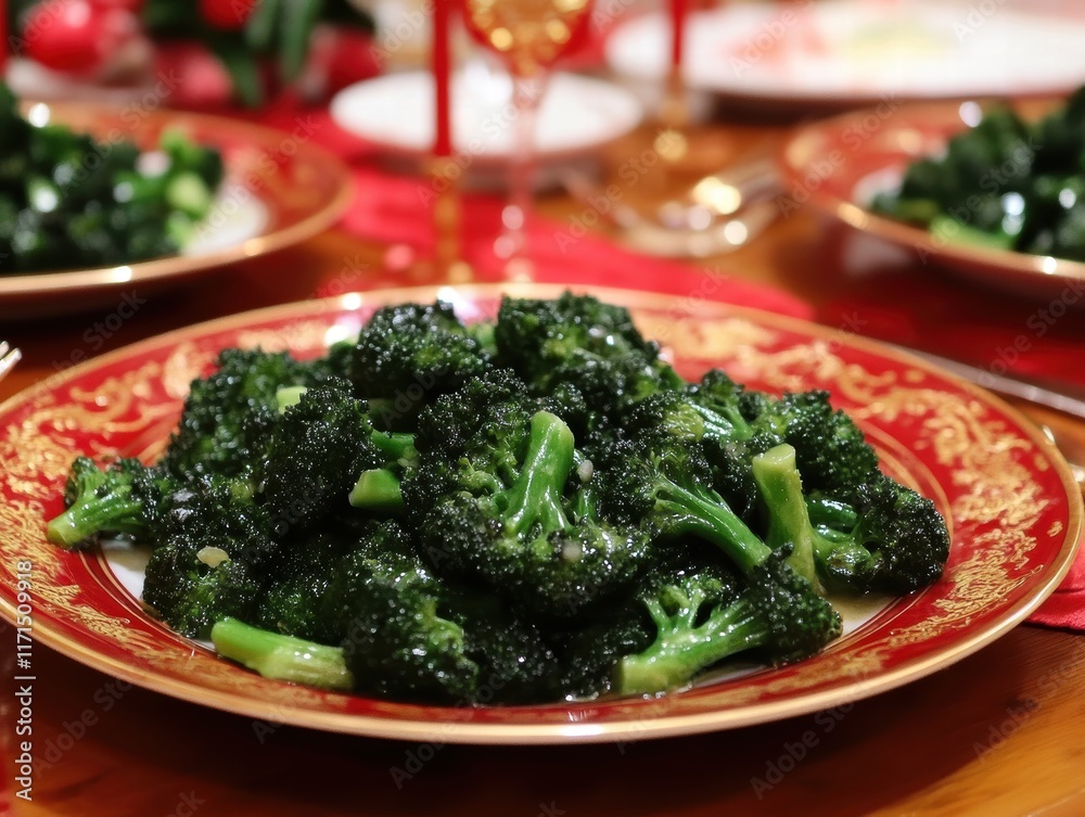 Stirfried Broccoli with Garlic Elegant Dining Table Food Artistry Festive Atmosphere Close-Up Culinary Delight Stirfried Broccoli with Garlic Elegant Dining Table Food Artistry Festive Atmosphere Close-Up Culinary Delight