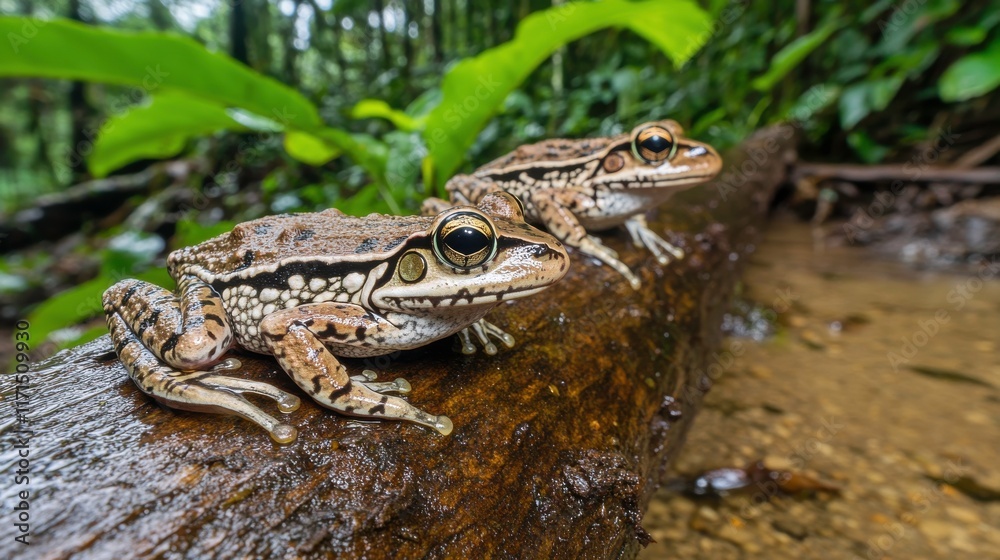 Fototapeta premium Frogs Resting on Logs in Lush Jungle Setting