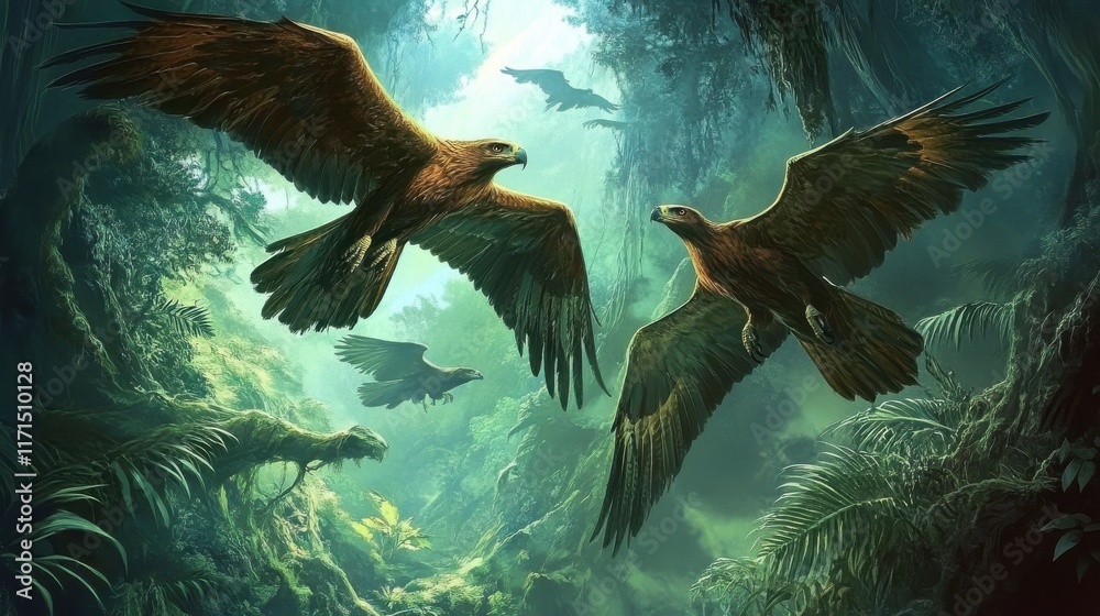 Fototapeta premium Gliding Hawks in Dense Jungle Valley Scene