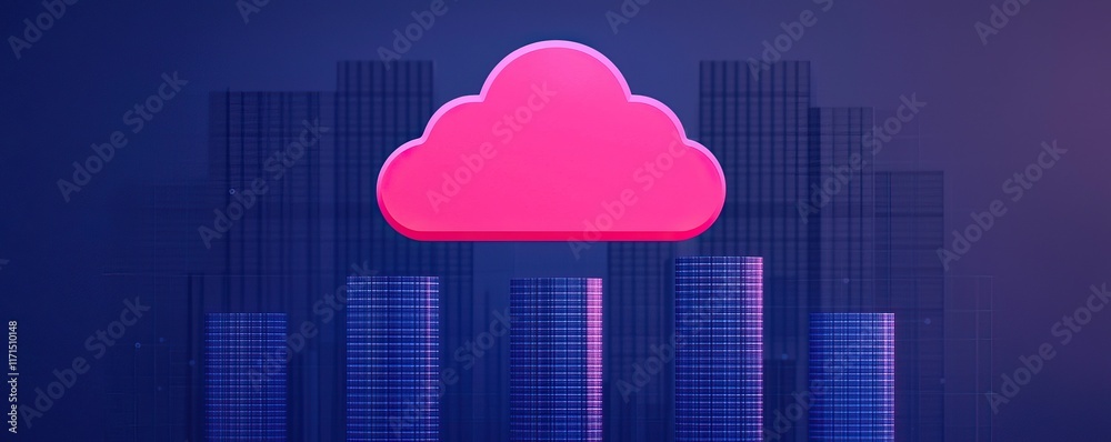 A vibrant pink cloud icon against a dark background with abstract building silhouettes, representing cloud computing and technology.