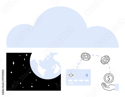 Cloud with Earth, digital card, coins, and hand. Ideal for financial technology, online transactions, global commerce, digital banking cloud computing electronic payments and e-commerce. Line photo