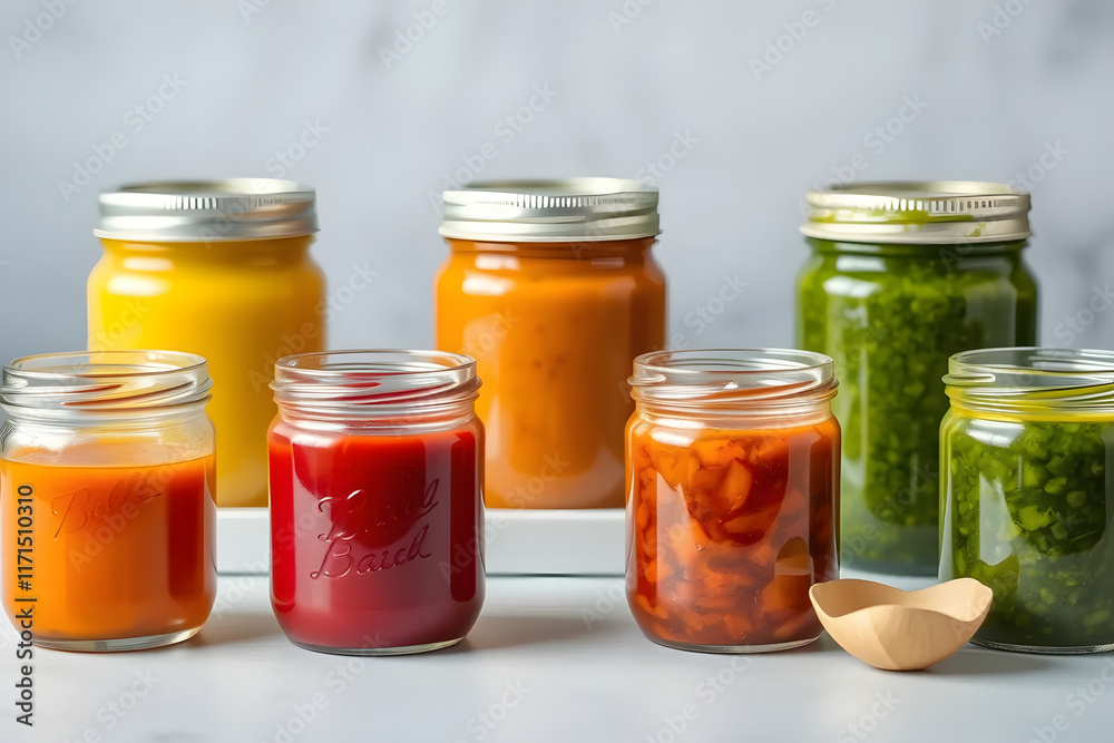 Row of various colorful homemade sauces in glass jars. Row of various colorful homemade sauces in glass jars.