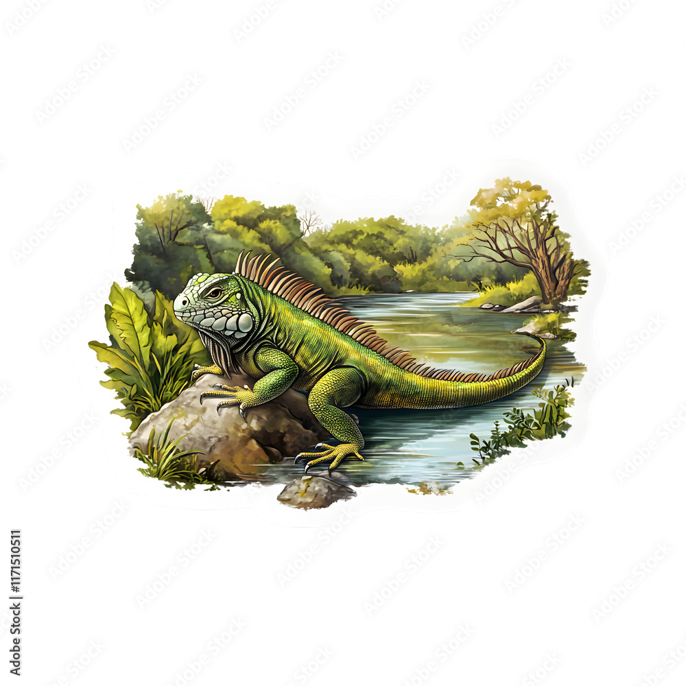 Fototapeta premium Animal, Green Iguana, River, Water, Nature, Amazon, Forest, Art, Image, with Transparent Background PNG, for Stickers, T-Shirt Print, Cap, Mug, Flip Flops, Mousepad, Transparent PNG