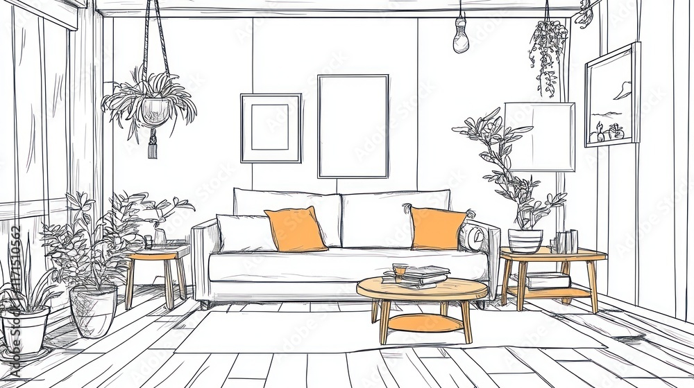 Fototapeta premium Sketch of a cozy living room with sofa, plants, and side tables.