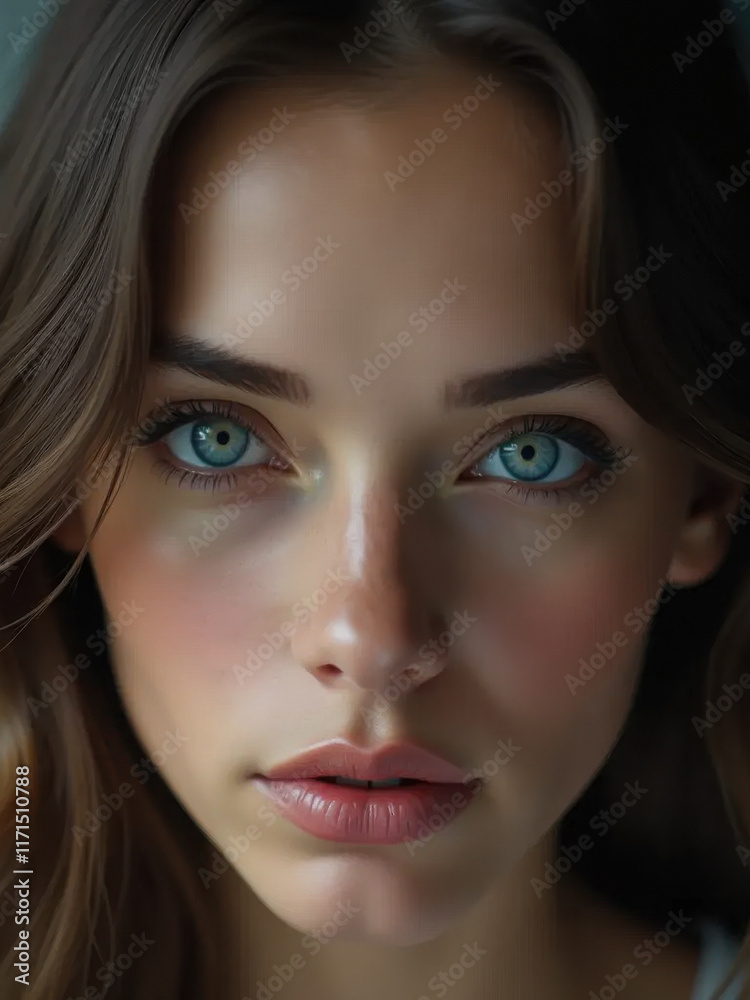 Fototapeta premium Stunning photorealistic portrait of a natural beauty with striking blue eyes, featuring ultra-detailed skin and soft cinematic lighting. Generative AI