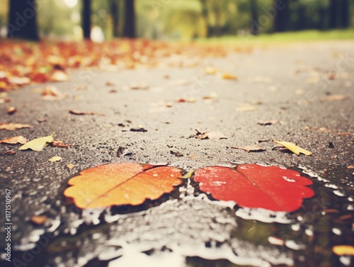 Close up of autumn leaves on a path in a rainy park