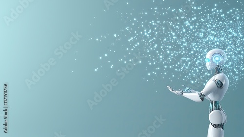 Synthetic robot cognition visualized as a humanoid figure with glowing patterns merging with virtual environments