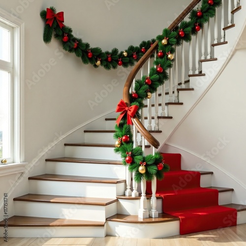 Festive holiday decorations adorn a staircase with garlands, swags, and holly, ornaments, swags photo