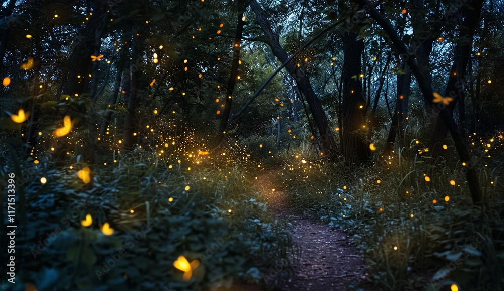 Obraz premium Enchanted forest path at night, illuminated by the soft glow of fireflies. A magical, mystical scene.