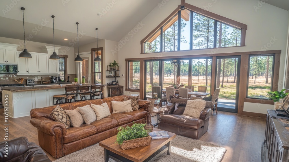 Fototapeta premium Spacious open-plan living room with leather sofa, high ceilings, and large windows showcasing a scenic view.