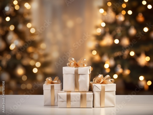 Gifts under Christmas tree. Blurred living room background in cozy space. 