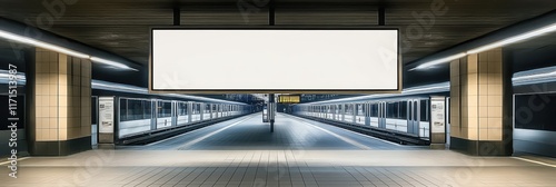 subway station, empty platform, large blank billboard, advertising space, urban environment, tiled floor, metal ceiling, fluorescent lighting, symmetrical composition, modern architecture, minimalist 