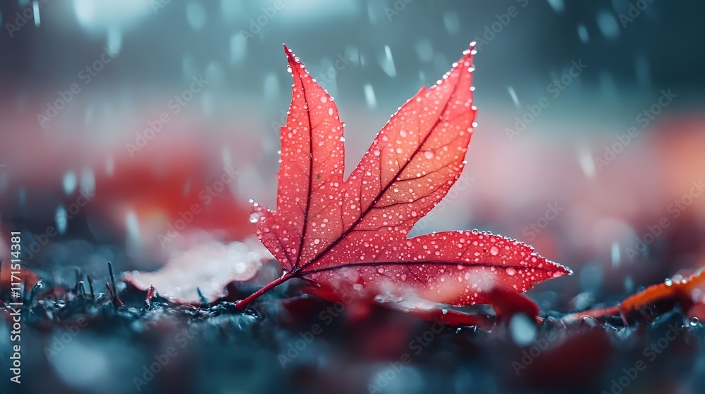A close-up of colorful autumn leaves covered in morning A close-up of colorful autumn leaves covered in morning