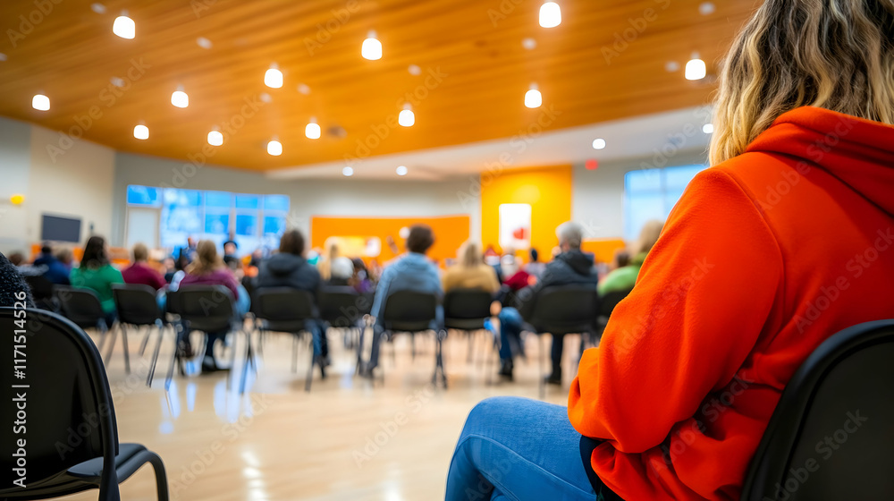 People sit in a bright community hall, sharing insights and fostering connections during an event
