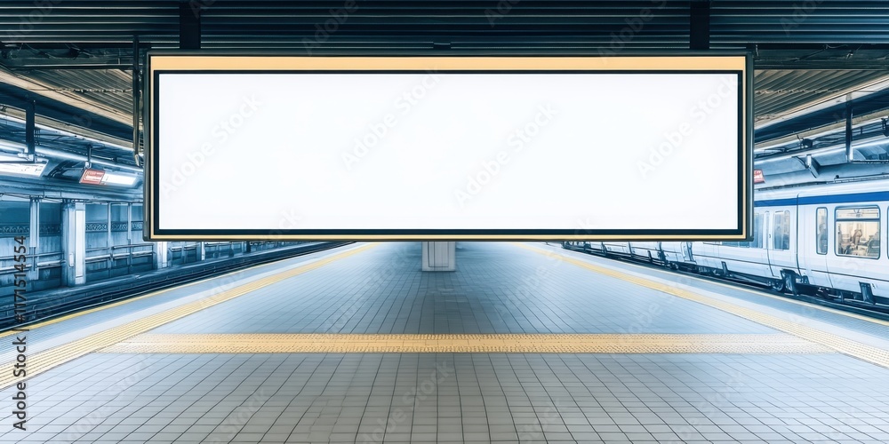 subway station, empty platform, large blank billboard, advertising space, urban environment, tiled floor, metal ceiling, fluorescent lighting, symmetrical composition, modern architecture, minimalist subway station, empty platform, large blank billboard, advertising space, urban environment, tiled floor, metal ceiling, fluorescent lighting, symmetrical composition, modern architecture, minimalist