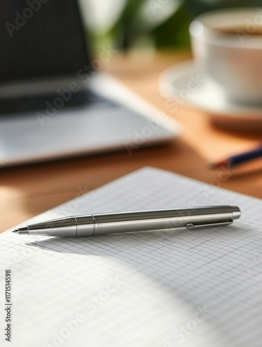 Elegant metallic ballpoint pen on grid paper in professional office setting. photo