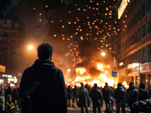 A lone man stands amidst a chaotic street protest at night, illuminated by fiery flames in the distance. The tension and unpredictability of civil unrest are captured vividly. Generative AI