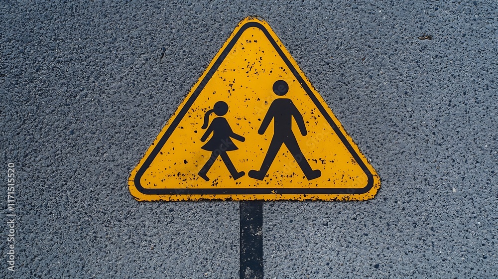 A yellow school crossing sign on a plain grey background A yellow school crossing sign on a plain grey background