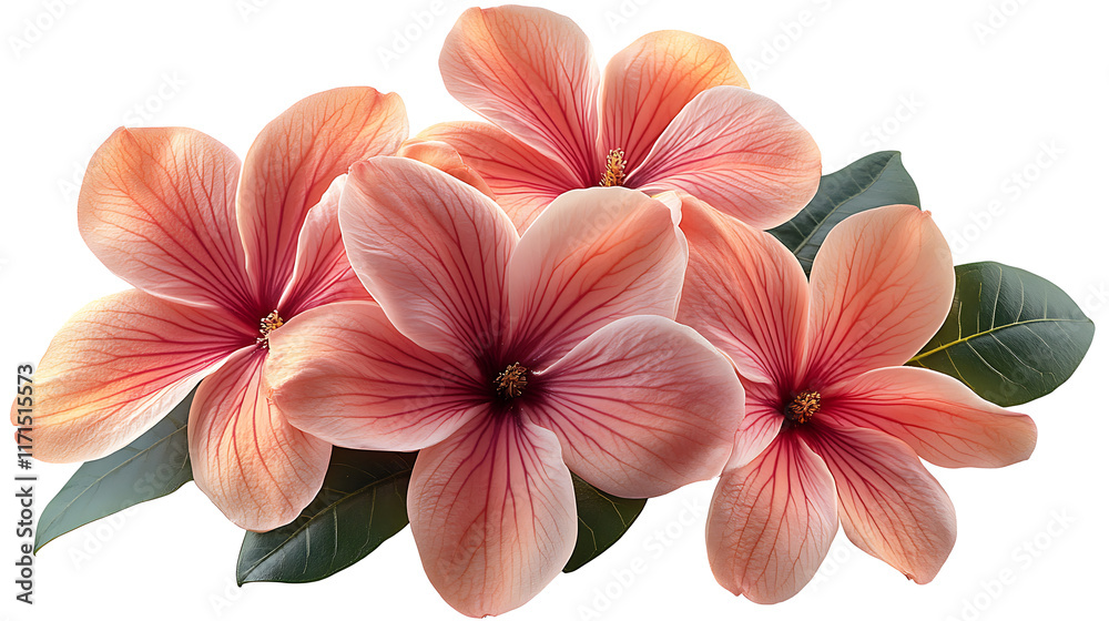 Close-up of peach-colored plumeria flowers with green leaves, isolated on white.