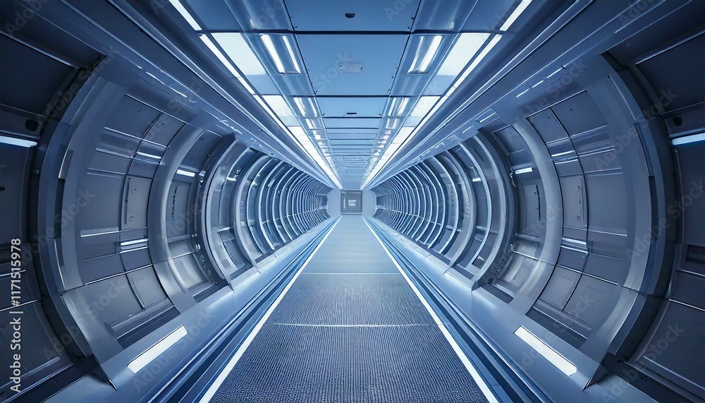 futuristic corridor on a spaceship or space station with cool blue lighting