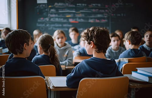 A classroom scene showcasing students attentively listening to a teacher during a lecture. The focus is on education and learning in a traditional setting.