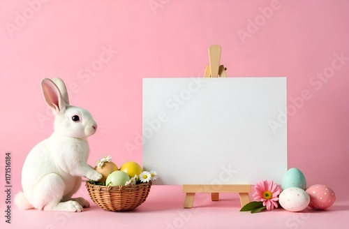 Wooden stand with empty sheet for text. Easter white bunny with Easter eggs and flowers on pastel pink background. Easter card.