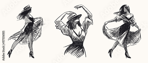 woman dancing set isolated in various dynamic poses movement grace black white hand drawn sketch illustration fashion dance card design