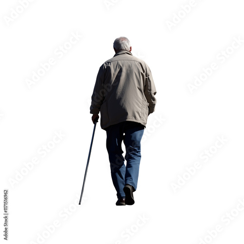 Rear View of Senior Man Walking with Cane Full Body Transparent Hand-Cut PNG for Mobility and Elderly Support






