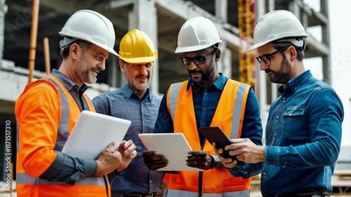 Construction Workers Collaborating at Building Site with Documents and Tablets