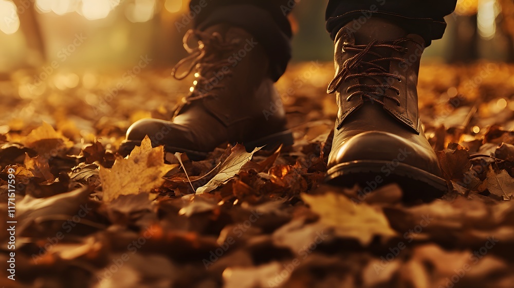 A close-up of boots walking through a pile of vibrant A close-up of boots walking through a pile of vibrant