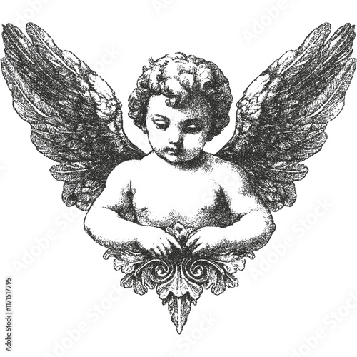 Cherub, angel Fine stippled effect. dot effect. Vintage look. Quality resource for any project. 
