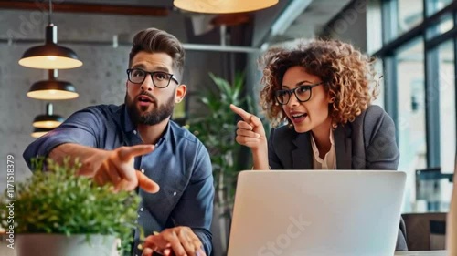 Collaborative Discussion in Modern Office with Laptop and Plant Decor