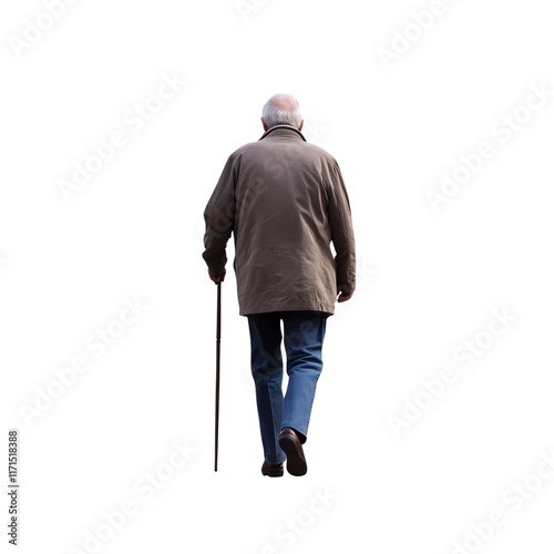 Rear View of Senior Man Walking with Cane Full Body Transparent Hand-Cut PNG for Mobility and Elderly Support






