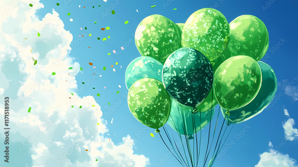 Fototapeta premium Green balloons floating in the sky for St. Patrick's Day celebration