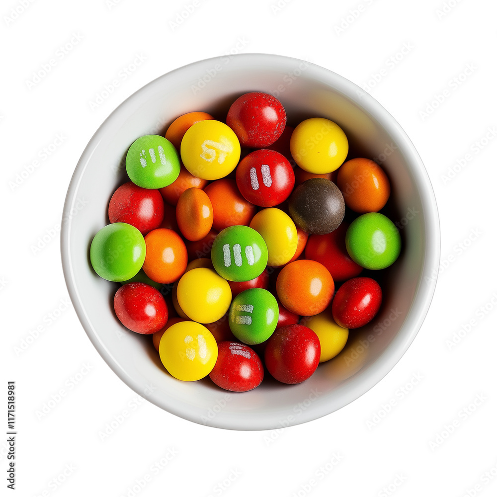 The candy is in a white bowl, with the colorful chocolate isolated on transparent background PNG The candy is in a white bowl, with the colorful chocolate isolated on transparent background PNG