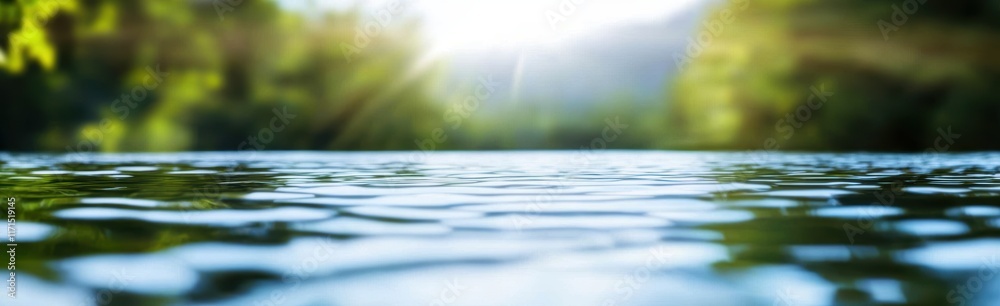 Abstract blurred background of a water surface with reflections and green trees in sunlight. Background banner for a summer, spring, or nature concept. Abstract blurred background of a water surface with reflections and green trees in sunlight. Background banner for a summer, spring, or nature concept.