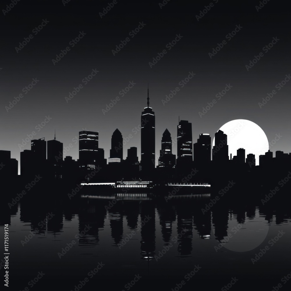 Fototapeta premium Silhouette of a city skyline against a vibrant sunset with shades of orange and pink skyline silhouette 
