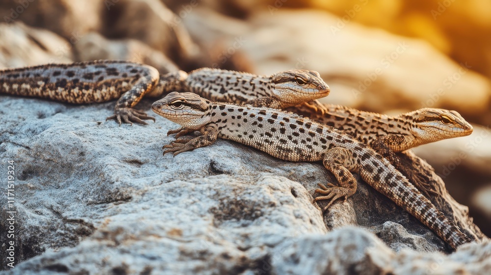 Fototapeta premium Reptiles Sunning on Rocks in Golden Hour Lighting